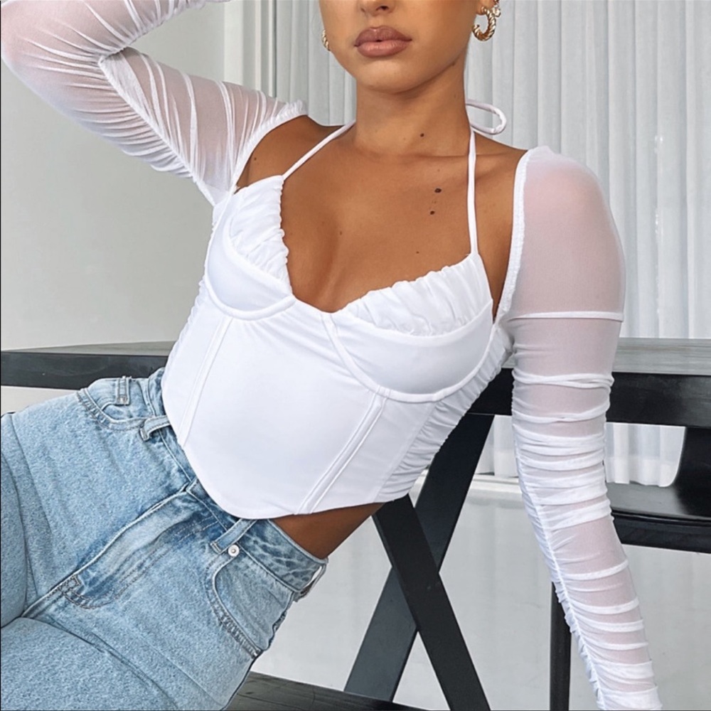 White Fox Boutique Mesh Long Sleeve Top No More Talking White Sz Small NWT